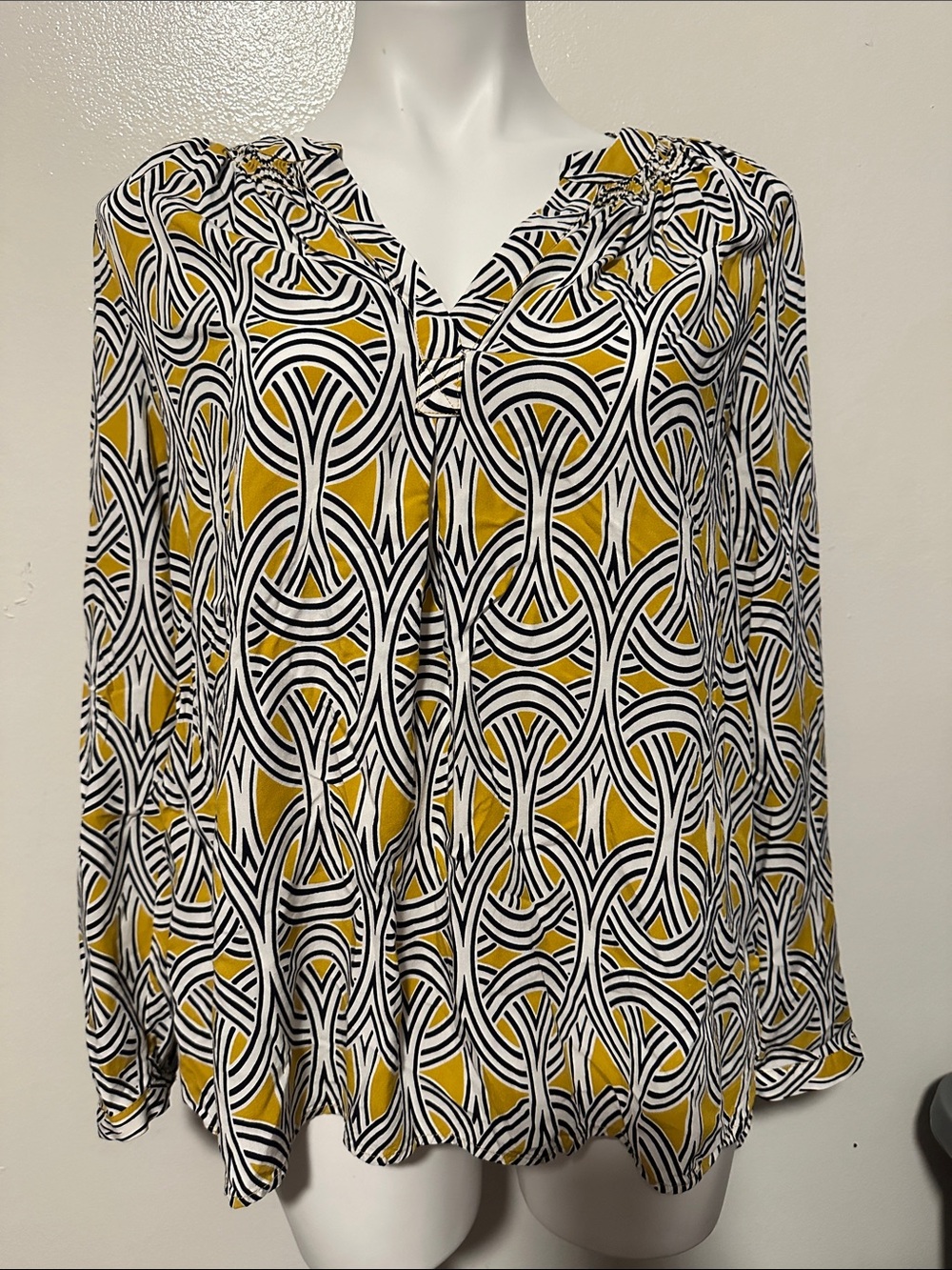 crown & ivy Yellow, Black & White Geometric V-Neck Blouse